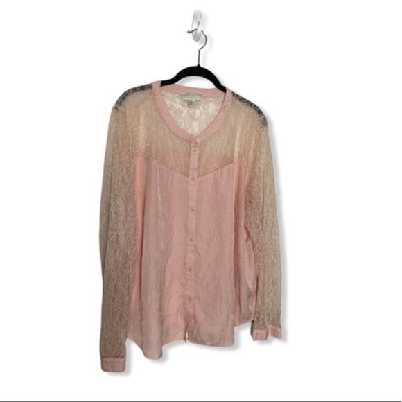 Forever 21 Plus 3X Blush Pink Lace Button Down Blouse Romantic Sheer Top - Picture 2 of 3